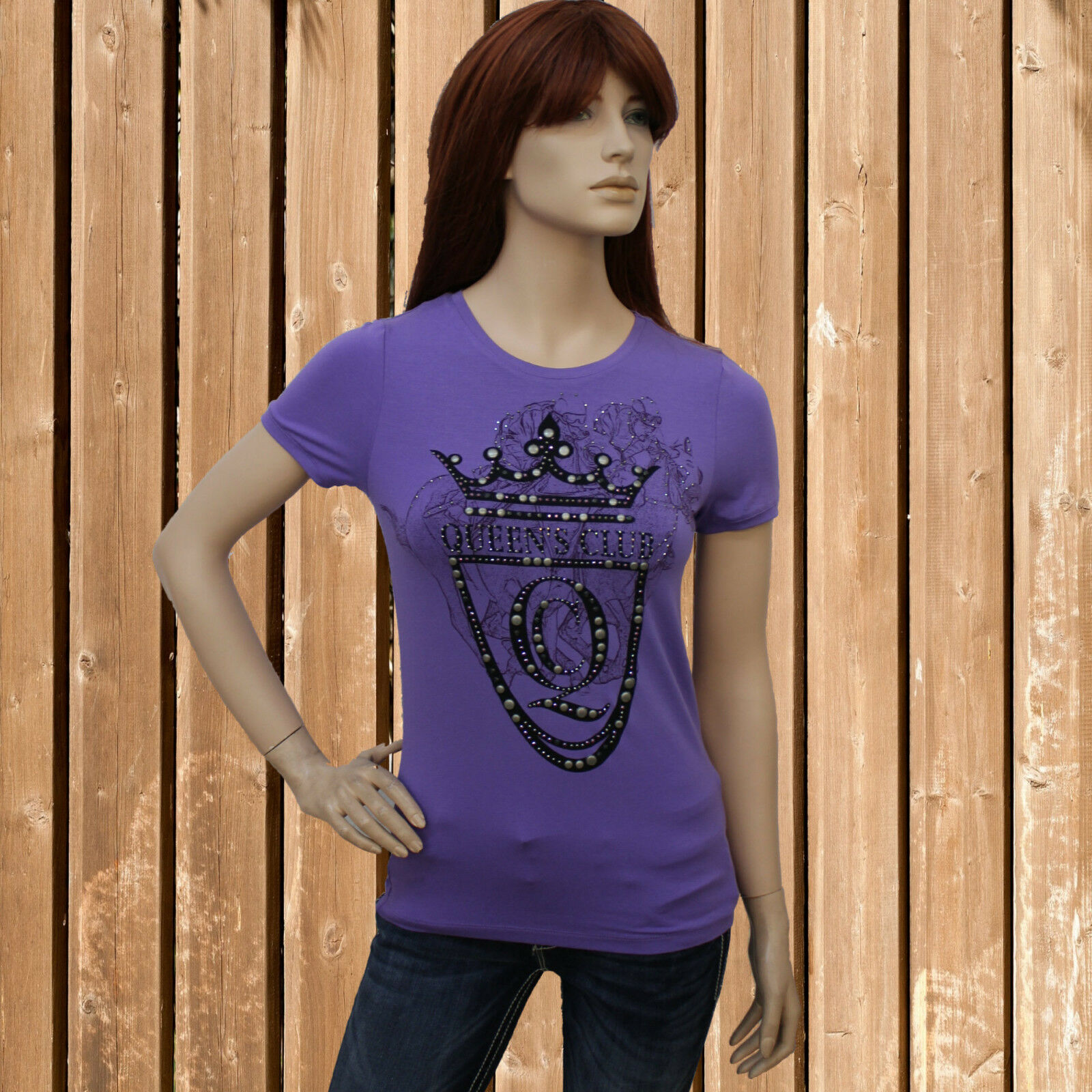 Queen´s Club Damen Shirt, Jersey T-Shirt mit Strass, Kurzarm Shi